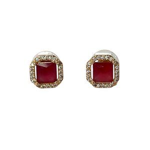 Elegant Ruby Red & Diamond-Look Halo Stud Earrings Gold-Tone Classic Fashion